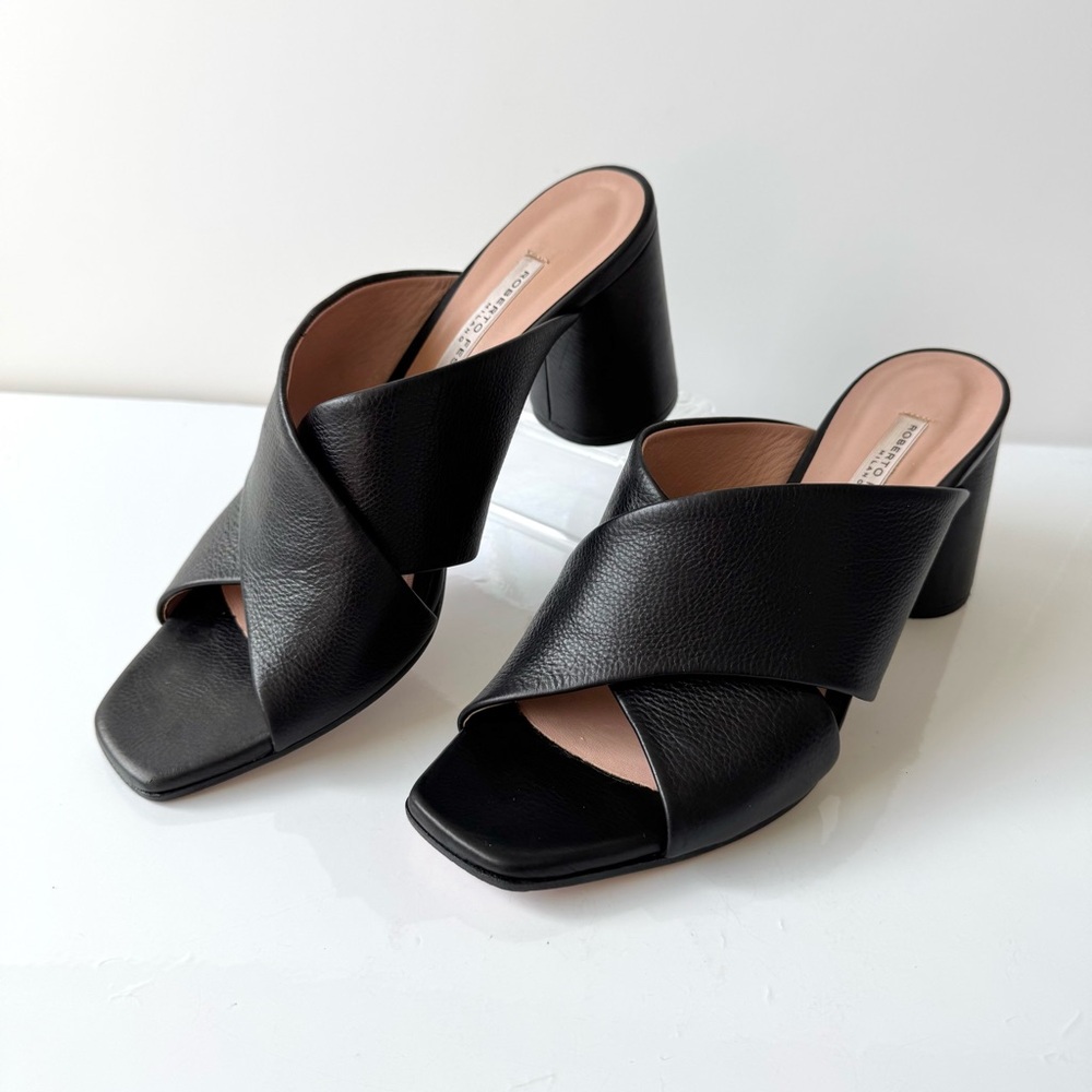 Roberto Festa Black Criss-Cross Straps Rounded Block Heel Mules Size 41/10.5 US